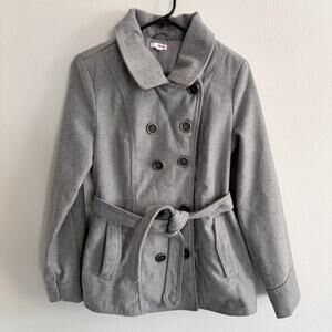Vintage 90's Y2K Bongo Sz L Gray Belted Pea Coat Wool Blend Winter Coat